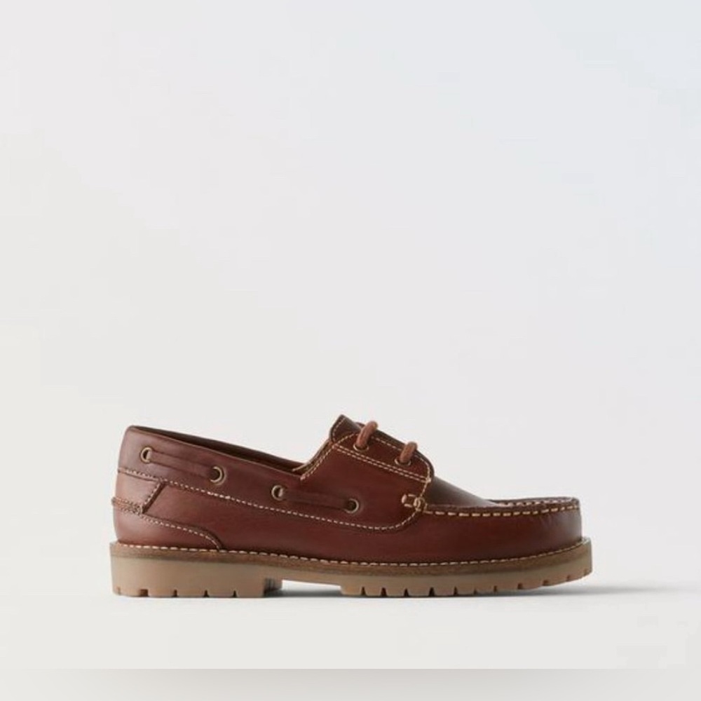 Zara brown leather lace up loafers boat shoes lug sole boys EU 28 US 11